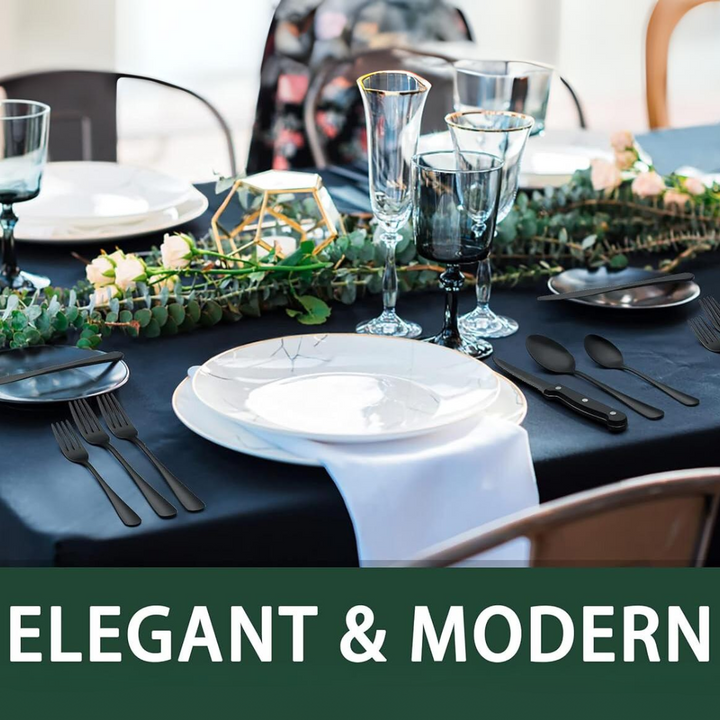 Contemporary 24-piece black stainless steel dinnerware set, ideal for stylish kitchen decor.