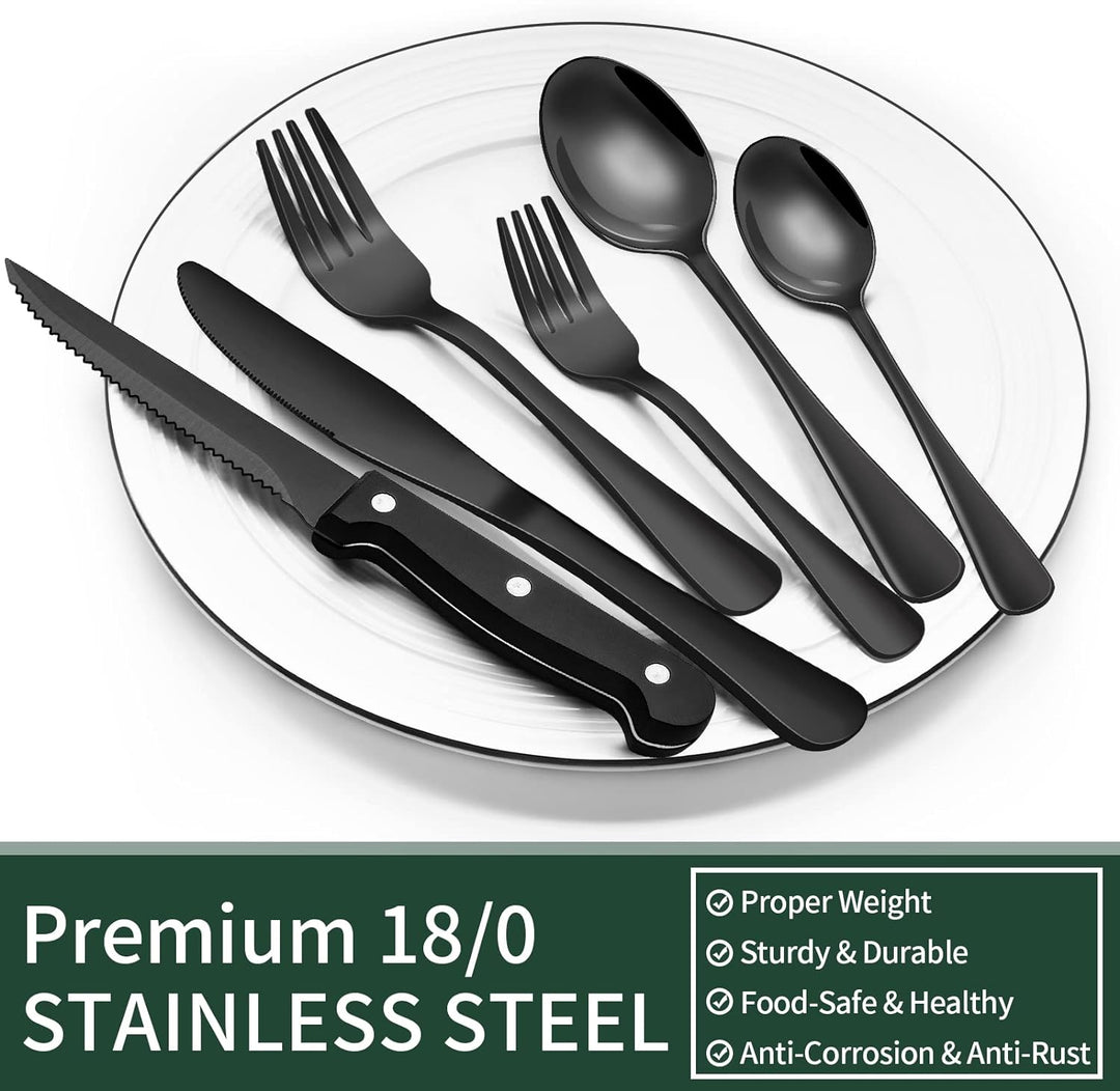 Sleek black cutlery collection made from durable stainless steel, a home essential for any table.