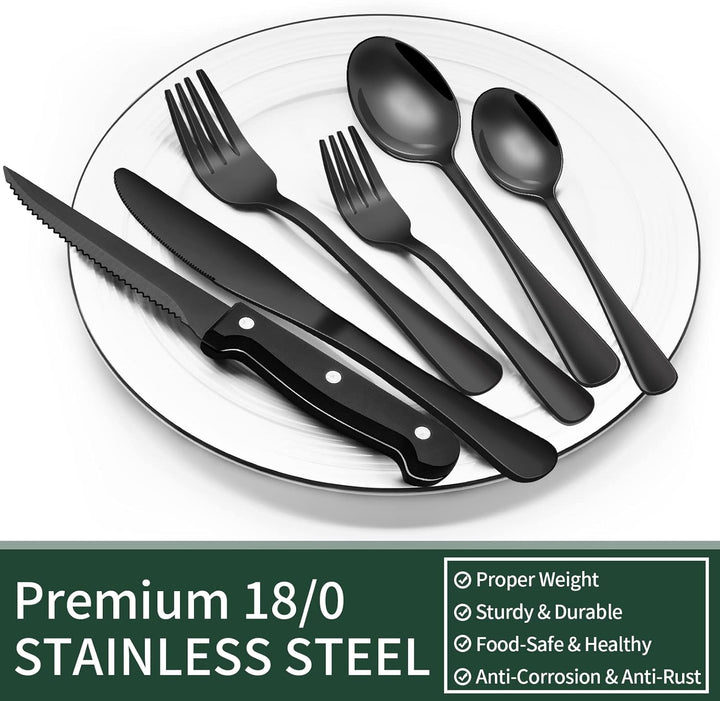Sleek black cutlery collection made from durable stainless steel, a home essential for any table.