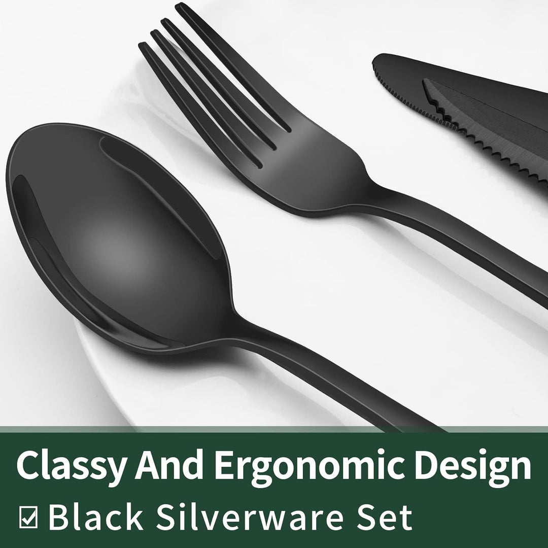 Detailed view of a black stainless steel dinner fork and knife from the 24-piece cutlery set.