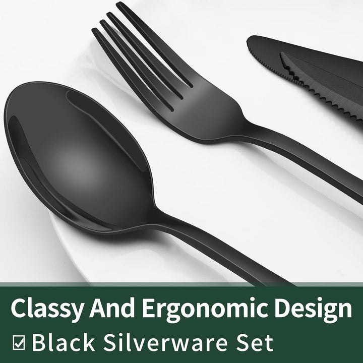 Detailed view of a black stainless steel dinner fork and knife from the 24-piece cutlery set.