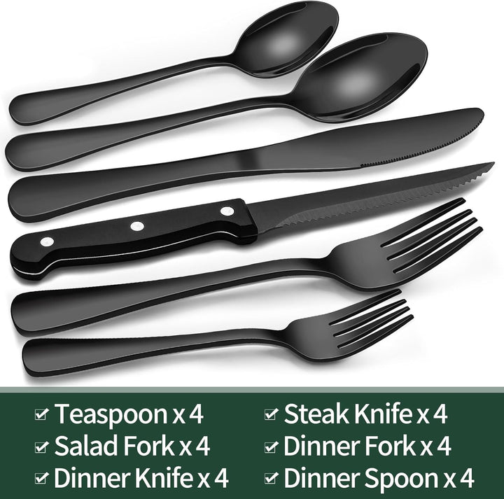 Stylish black stainless steel tableware set, complete with 24 pieces for elegant home dining.