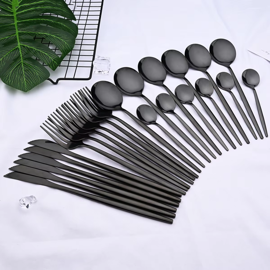 Versatile black flatware set of 24 pieces, durable and chic, enhancing your kitchen and dining.