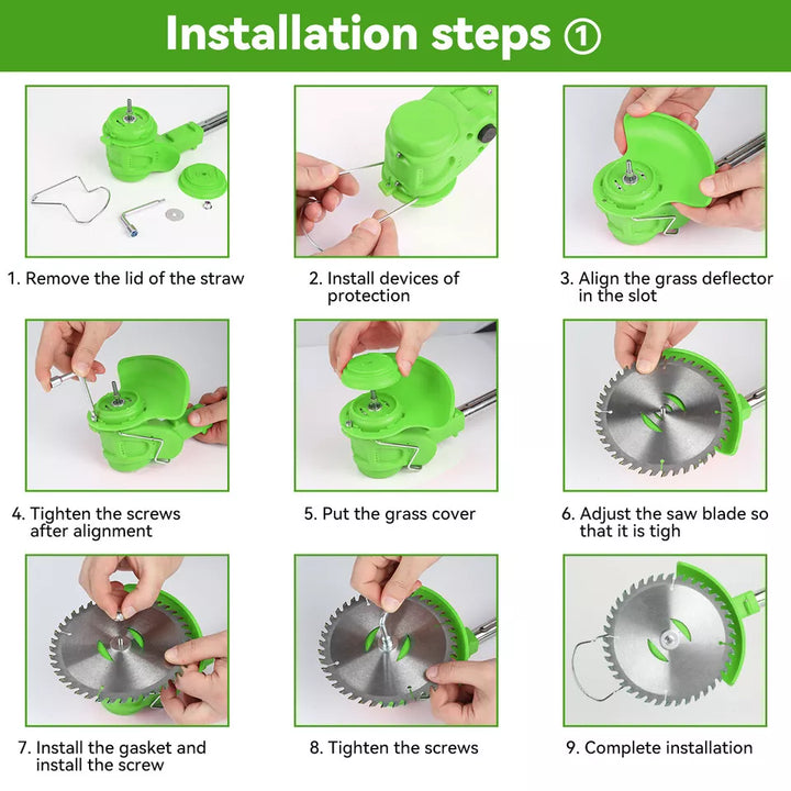 "24V cordless grass trimmer with adjustable head, cutting thick grass, garden paths, and edges for precise lawn care."