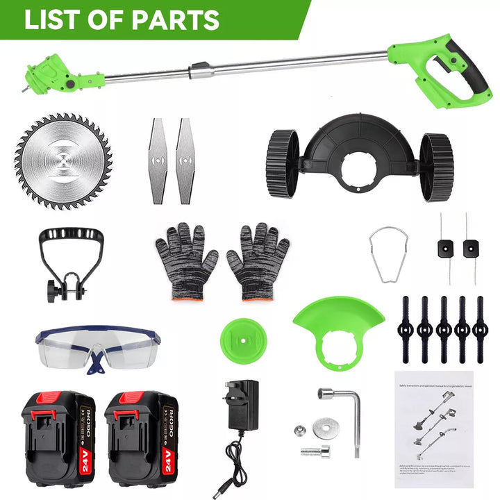 "24V cordless grass trimmer with adjustable head, cutting thick grass, garden paths, and edges for precise lawn care."