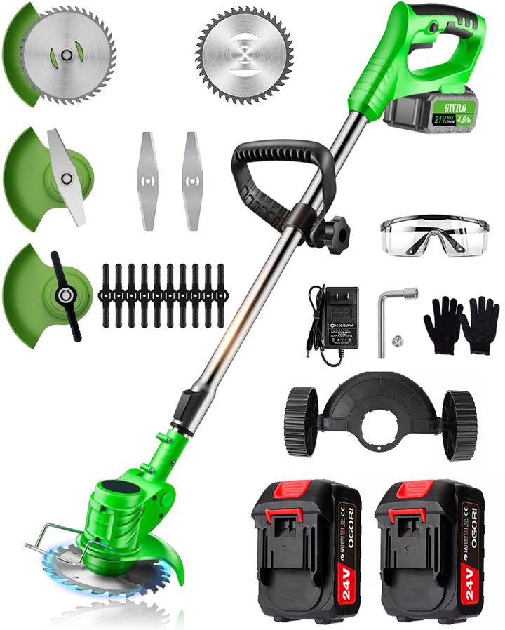 "24V cordless grass trimmer with adjustable head, cutting thick grass, garden paths, and edges for precise lawn care."