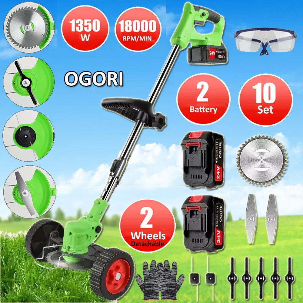 "24V cordless grass trimmer with adjustable head, cutting thick grass, garden paths, and edges for precise lawn care."