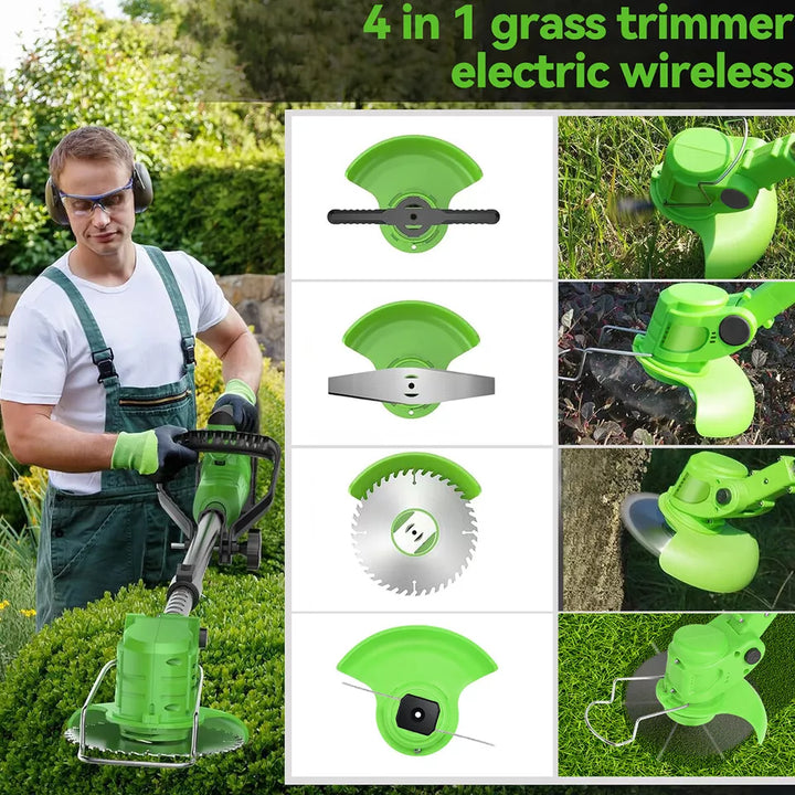 "24V cordless grass trimmer with adjustable head, cutting thick grass, garden paths, and edges for precise lawn care."