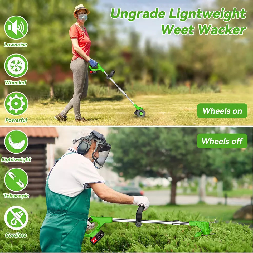 "24V cordless grass trimmer with adjustable head, cutting thick grass, garden paths, and edges for precise lawn care."