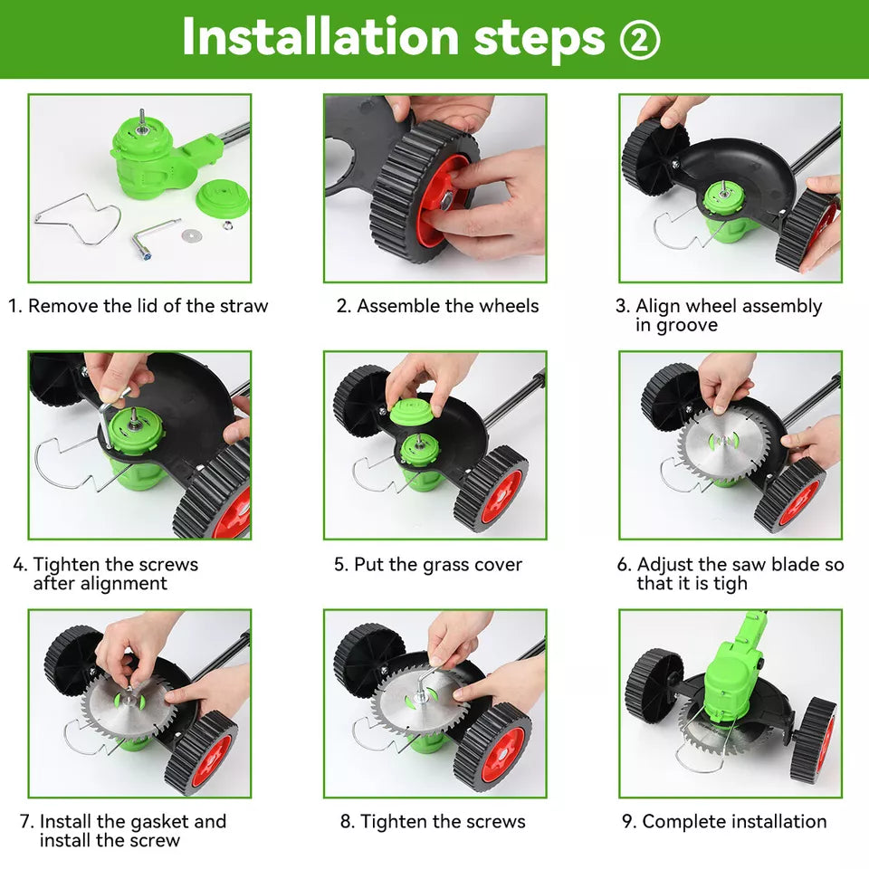 "24V cordless grass trimmer with adjustable head, cutting thick grass, garden paths, and edges for precise lawn care."