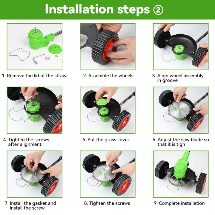 "24V cordless grass trimmer with adjustable head, cutting thick grass, garden paths, and edges for precise lawn care."