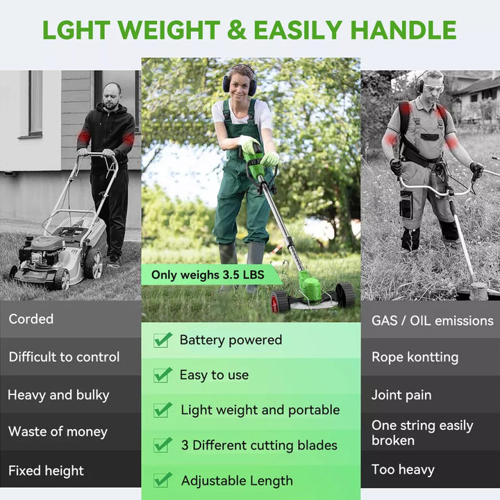 "24V cordless grass trimmer with adjustable head; lightweight, sleek design; ideal for trimming and edging in gardens."