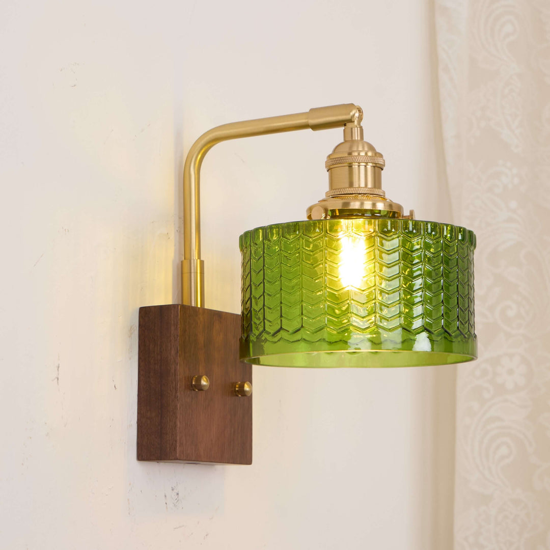 Rustic Green Glass Wall Light with Wooden Base