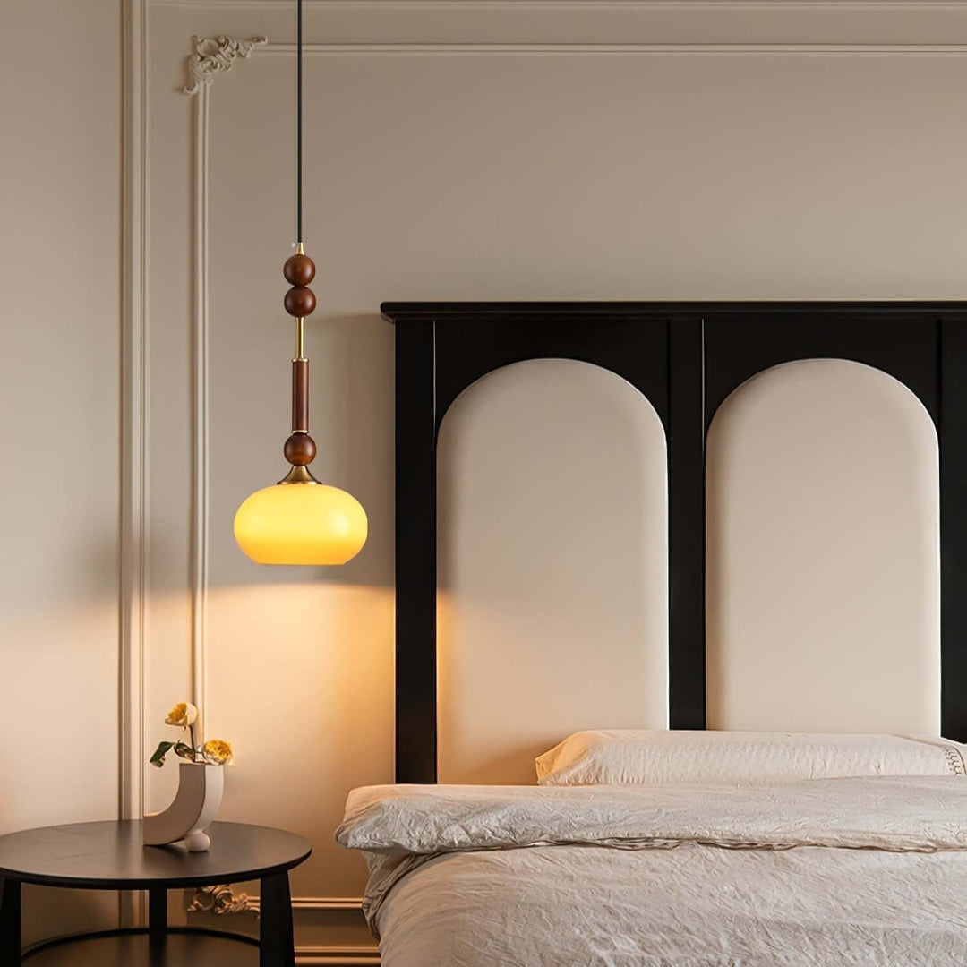 Elegant Glass Pendant Lamp with Wooden & Brass Accents