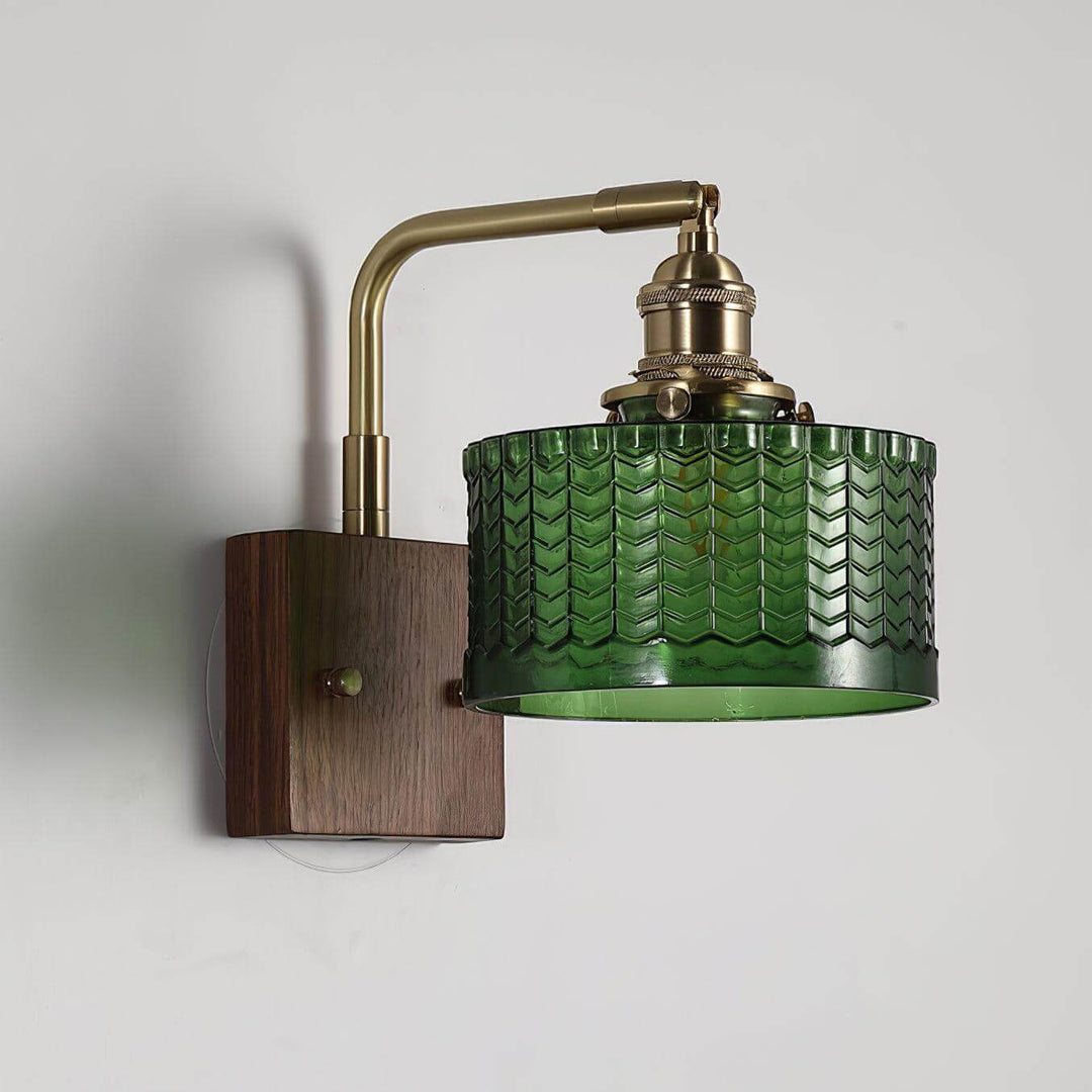 Rustic Green Glass Wall Light with Wooden Base