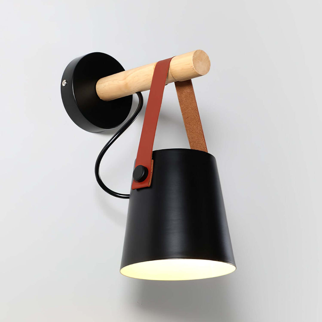 Conical Wooden Wall Light with Leather Strap