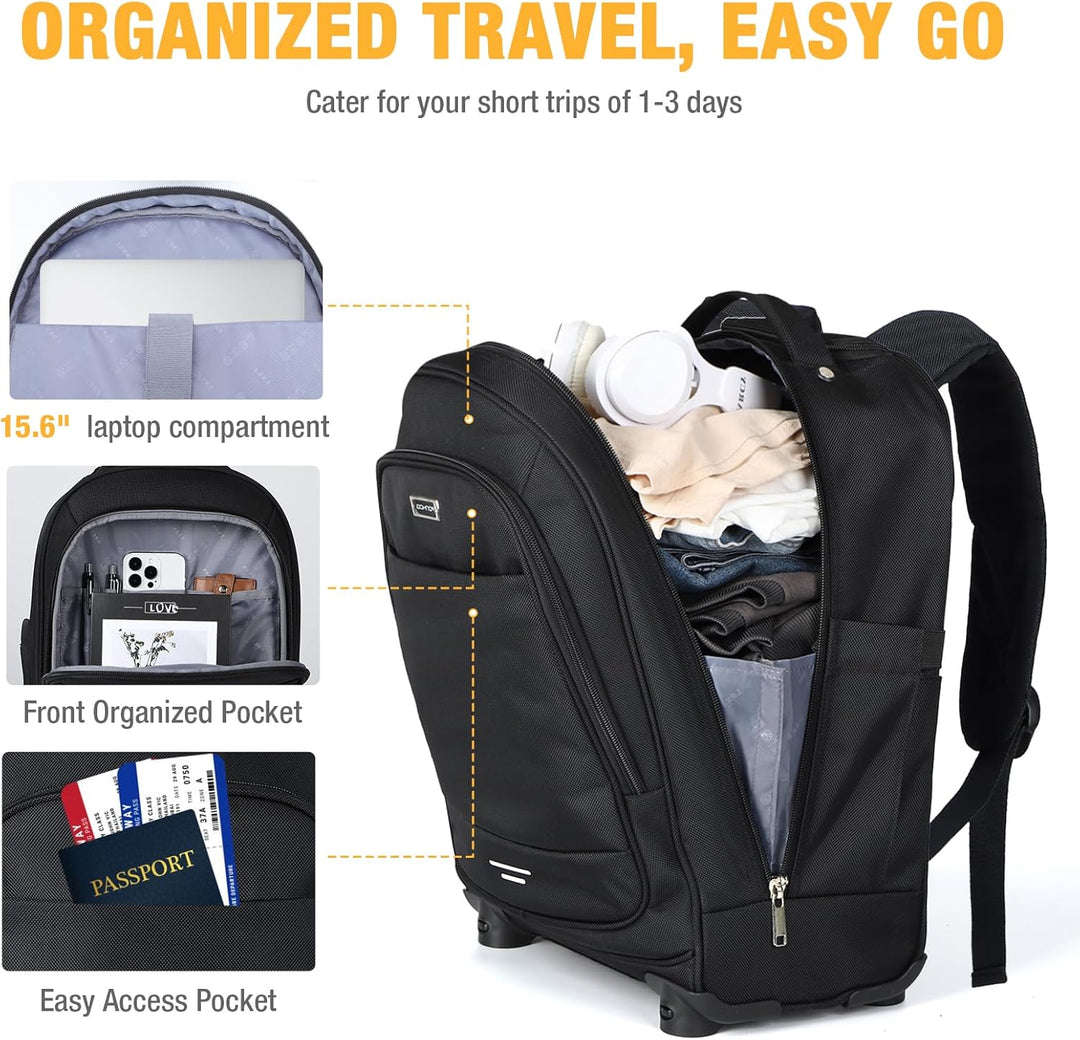 Versatile 30L rolling laptop backpack for men & women, featuring smooth spinner wheels & padded tech sleeve.