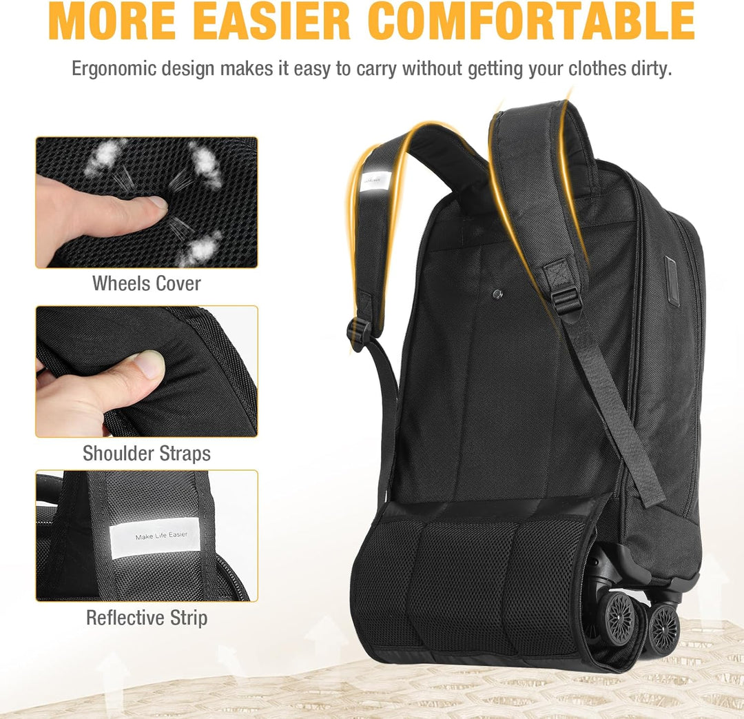 Stylish 30L rolling laptop backpack, perfect for men's & women's business travel, commute, and everyday use.