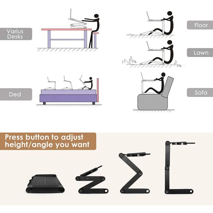 "360° adjustable ergonomic laptop stand with aluminum frame, full adjustability, ventilation, and lightweight for productivit