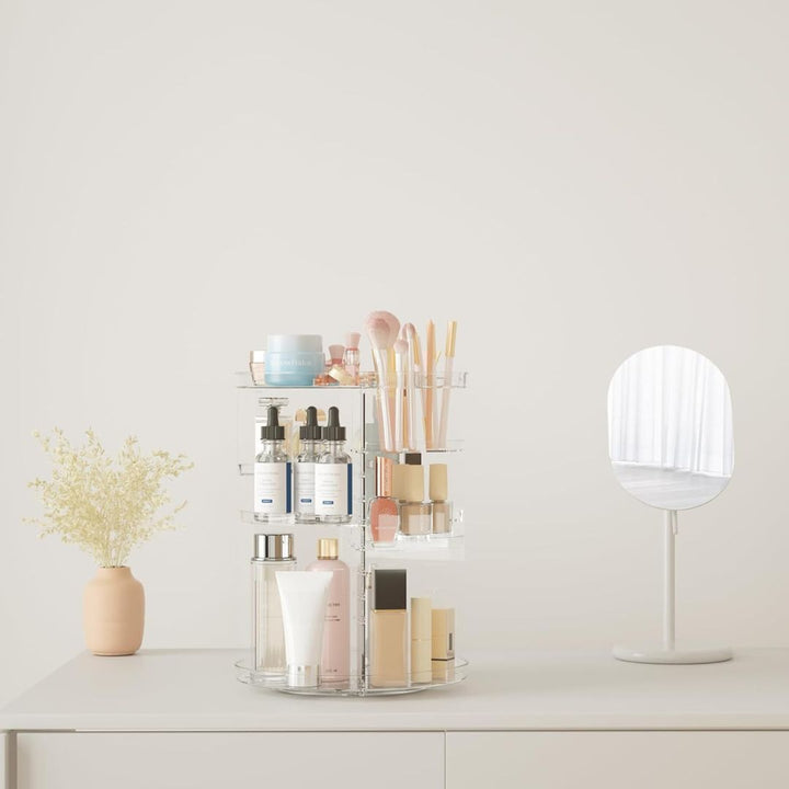 "360° Rotating Makeup Organizer with adjustable layers, sleek design, 7 lipstick slots, 7 brush holes, non-slip base."