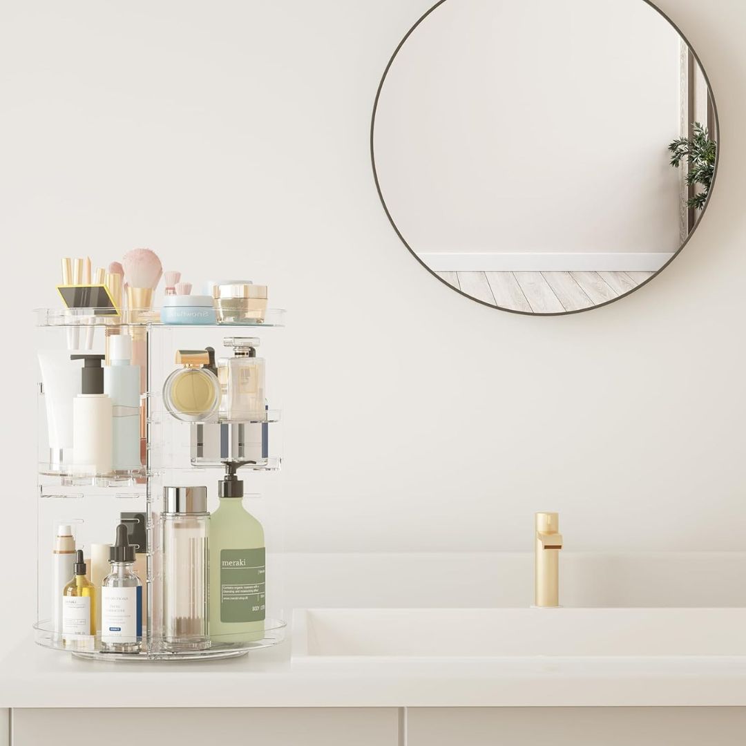 "360° Rotating Makeup Organizer with adjustable layers, sleek design, 7 lipstick slots, 7 brush holes, non-slip base."
