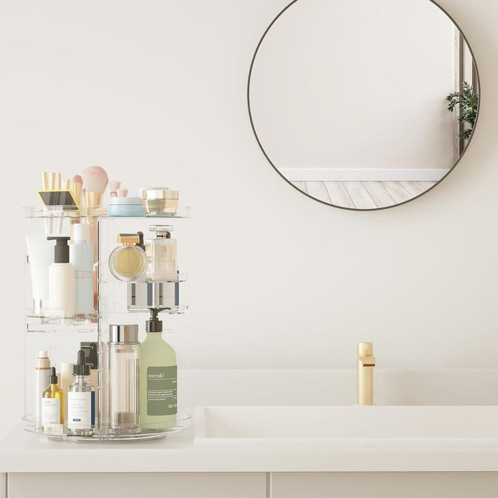 "360° Rotating Makeup Organizer with adjustable layers, sleek design, 7 lipstick slots, 7 brush holes, non-slip base."