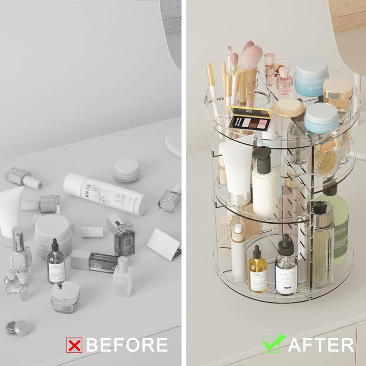 "360° Rotating Makeup Organizer with adjustable layers, sleek design, 7 lipstick slots, 7 brush holes, non-slip base."