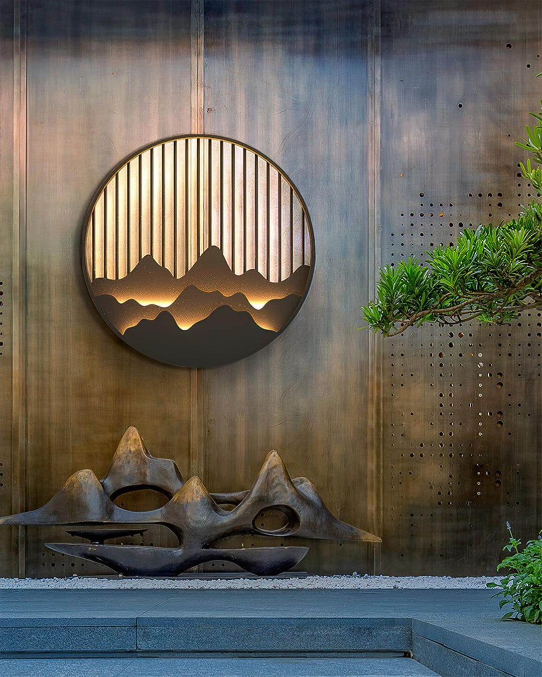 Outdoor LED Wall Light with Circular Mountain Motif