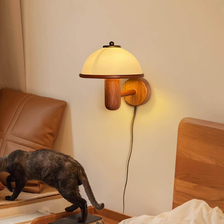Oak Wood Mushroom Wall Light with White Shade