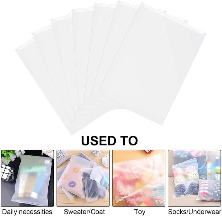 Vented frosted storage sleeves for closet organization. Reusable zip bags keep clothing fresh & neat.