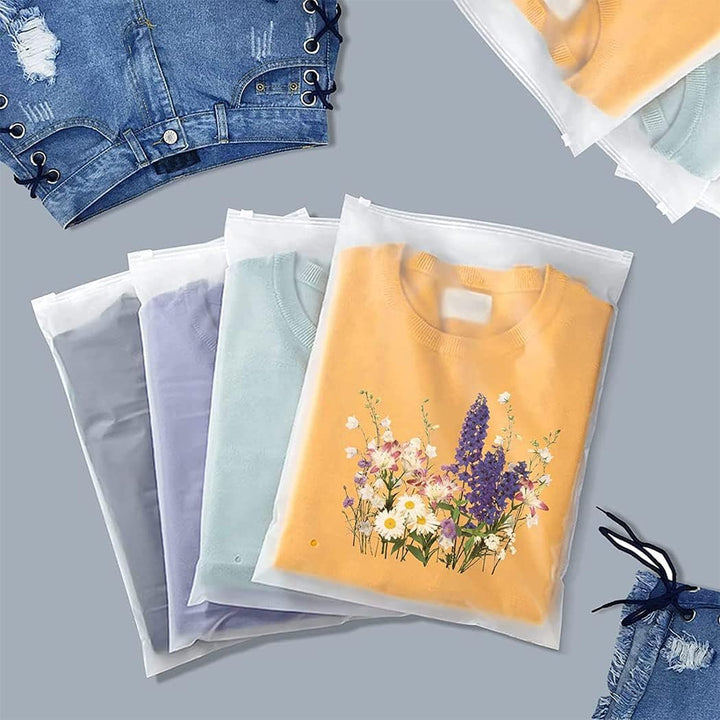 Versatile 40-pack frosted zip bags: reusable clothing storage with vent holes for breathability & organization.