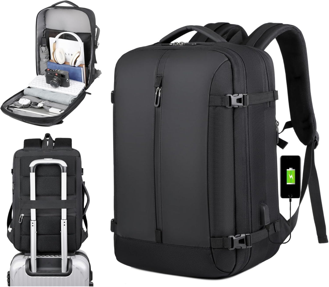 40L expandable waterproof travel backpack with USB charging port & 17" laptop sleeve for unisex travelers.