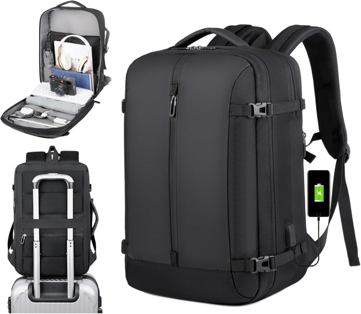 40L expandable waterproof travel backpack with USB charging port & 17" laptop sleeve for unisex travelers.