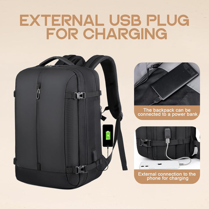 Unisex waterproof carry-on travel backpack, 40L expandable with anti-theft design & USB for business trips.