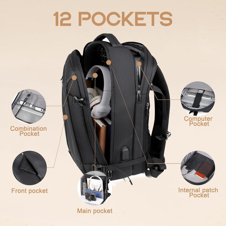 Durable 40L expandable waterproof backpack for outdoor adventures, with USB port & secure laptop compartment.