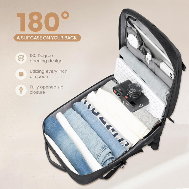Unisex expandable travel backpack, 40L waterproof with integrated USB charging port for convenient carry-on.