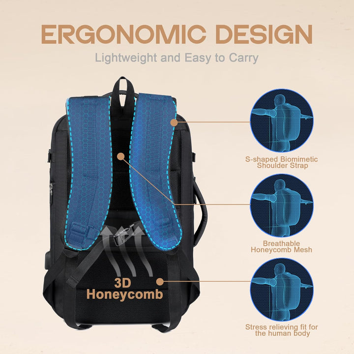 Men's & Women's 40L expandable waterproof travel backpack with USB charging and 17" laptop compartment.