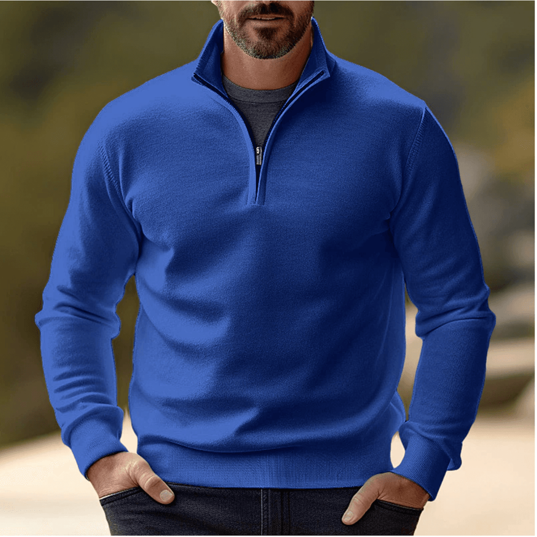 Men's Half-Zip Sweater in Blue - Close-up of knit texture