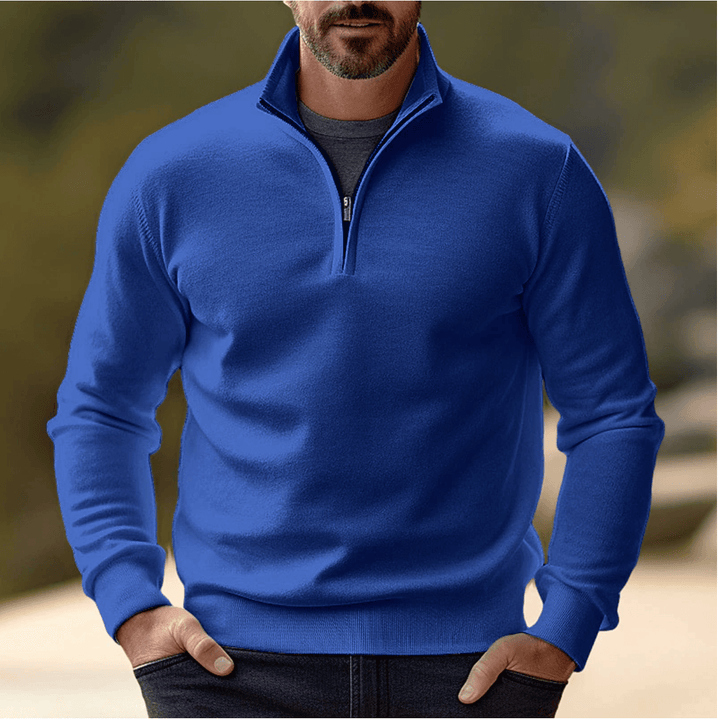 Men's Half-Zip Sweater in Blue - Close-up of knit texture