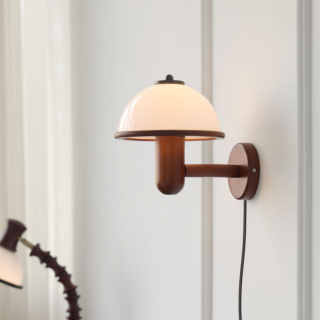 Oak Wood Mushroom Wall Light with White Shade