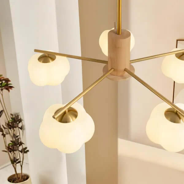 Modern Wooden Chandelier with Cotton Balls