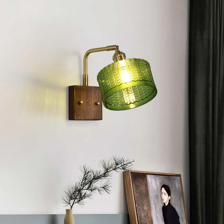 Rustic Green Glass Wall Light with Wooden Base