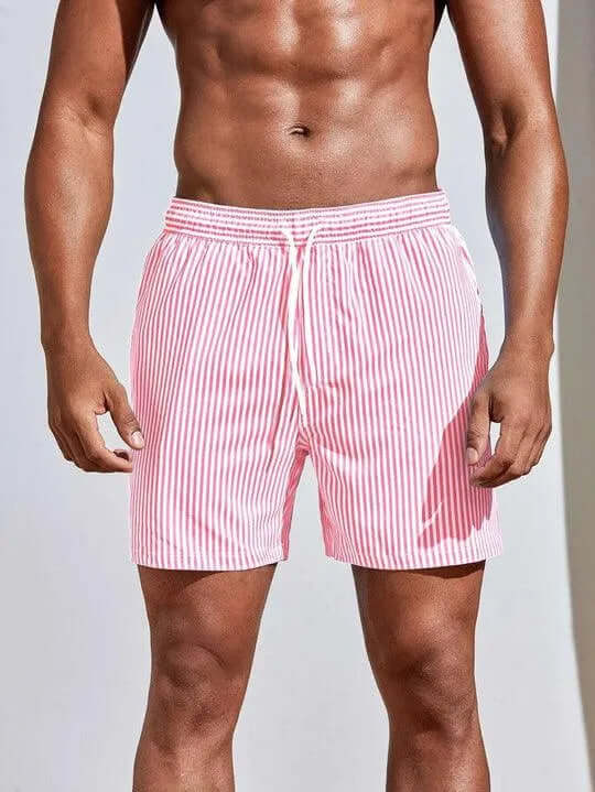Men's Striped Quick-Dry Swim Shorts with Drawstring