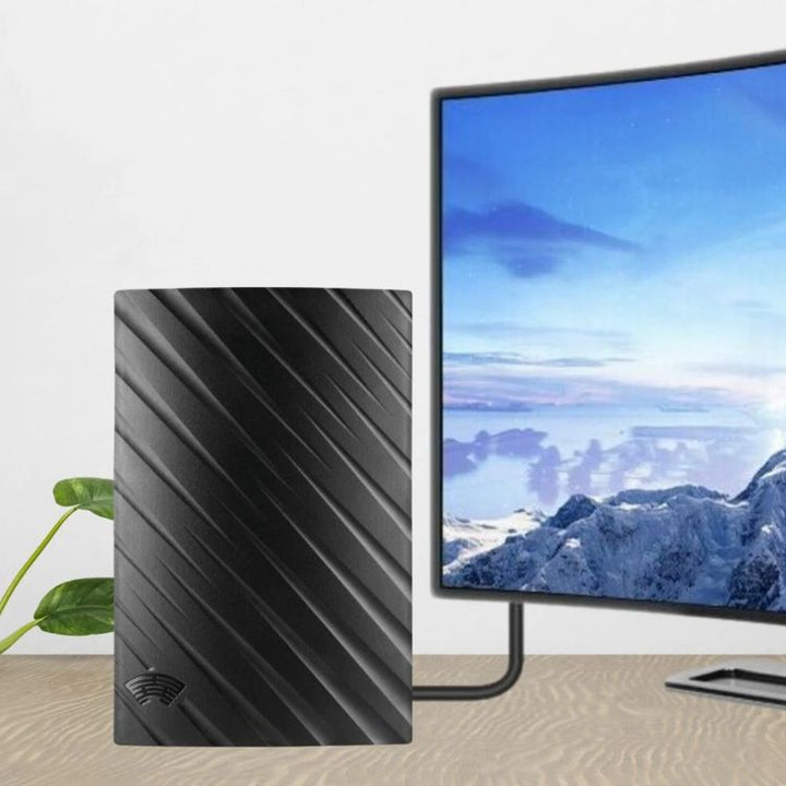 4K Indoor TV Aerial with sleek design and 600-mile range, enabling free access to HD and 4K channels without cable bills.