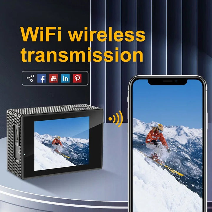 "4K Ultra HD sport camera, waterproof, WiFi enabled; captures panoramic action shots with 140° wide-angle lens."