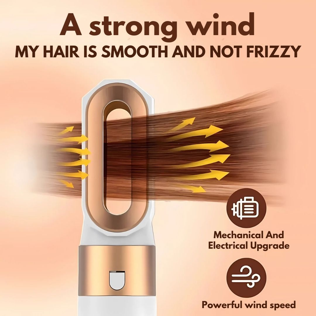 "5-in-1 hair styler with air tech, five attachments, sleek silver design for curling, drying, smoothing, volumizing."