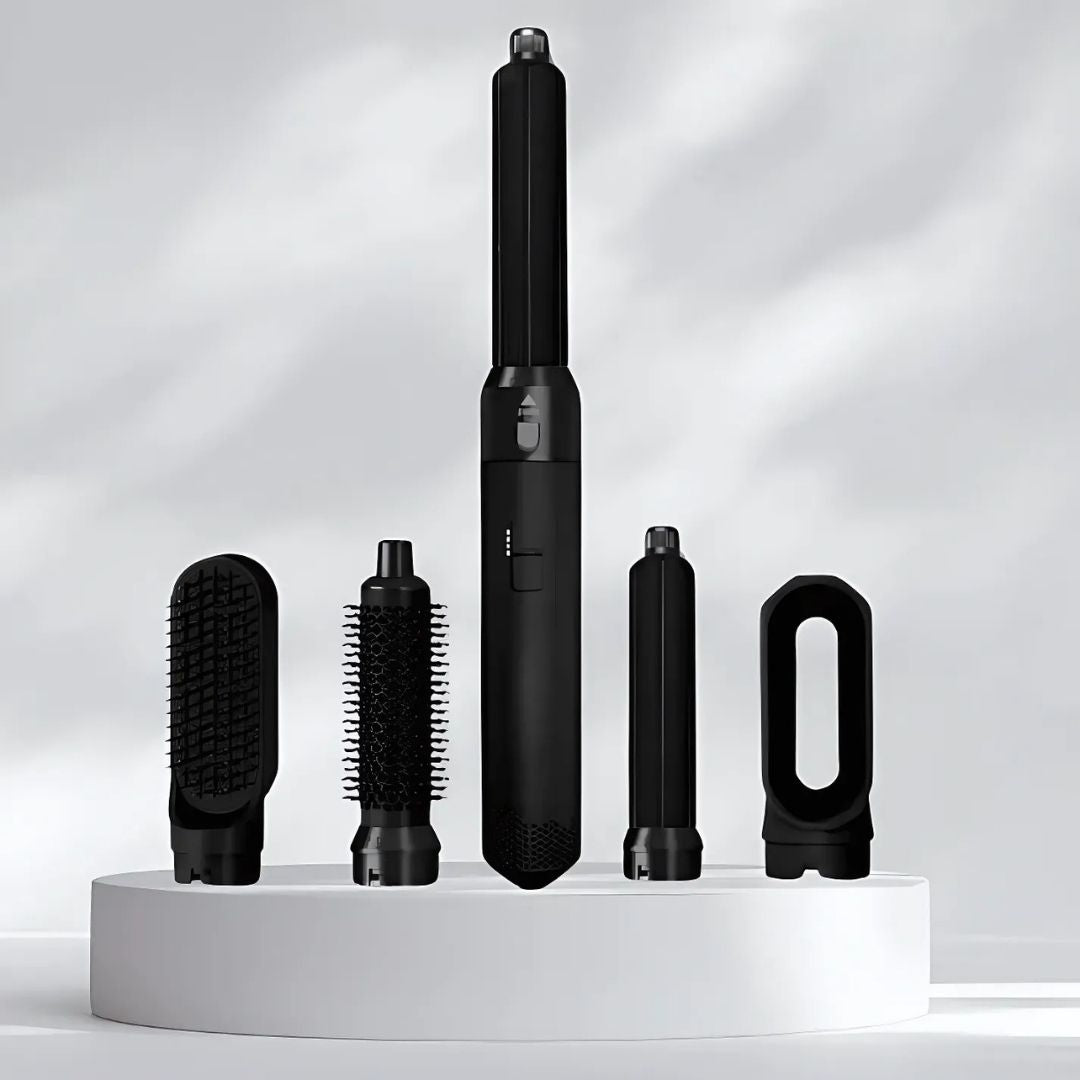 "5-in-1 hair styler with air tech, five attachments, sleek silver design for curling, drying, smoothing, volumizing."