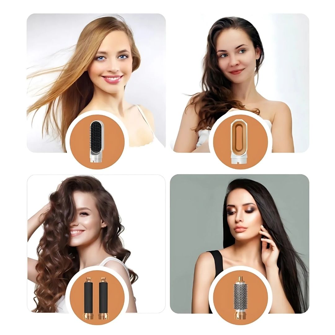 "5-in-1 hair styler with air tech, five attachments, sleek silver design for curling, drying, smoothing, volumizing."