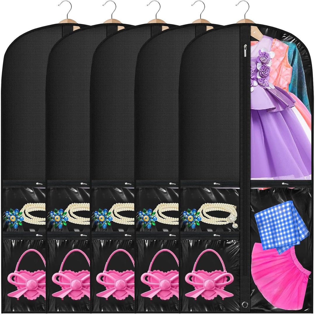 5-pack unisex dance costume garment bags with clear ID pockets, perfect for stage wear storage.