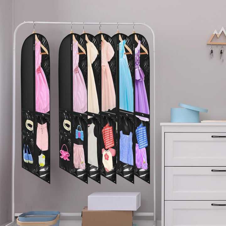 Protective 5-pack dance costume storage bags with clear pockets & fold loop for organized stage gear.